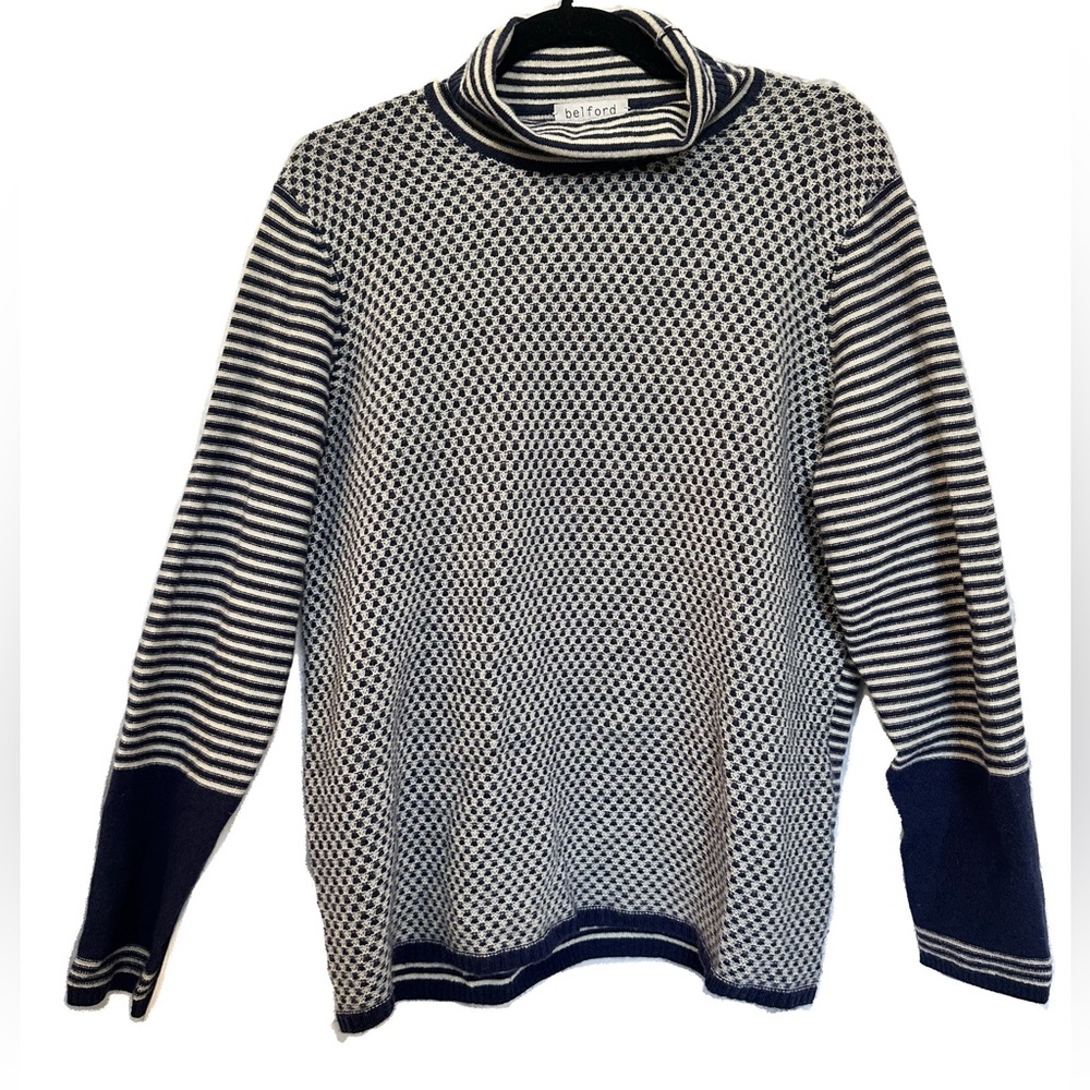 Belford Cashmere Navy and White Stripe and Check Turtleneck Sweater - Size XL